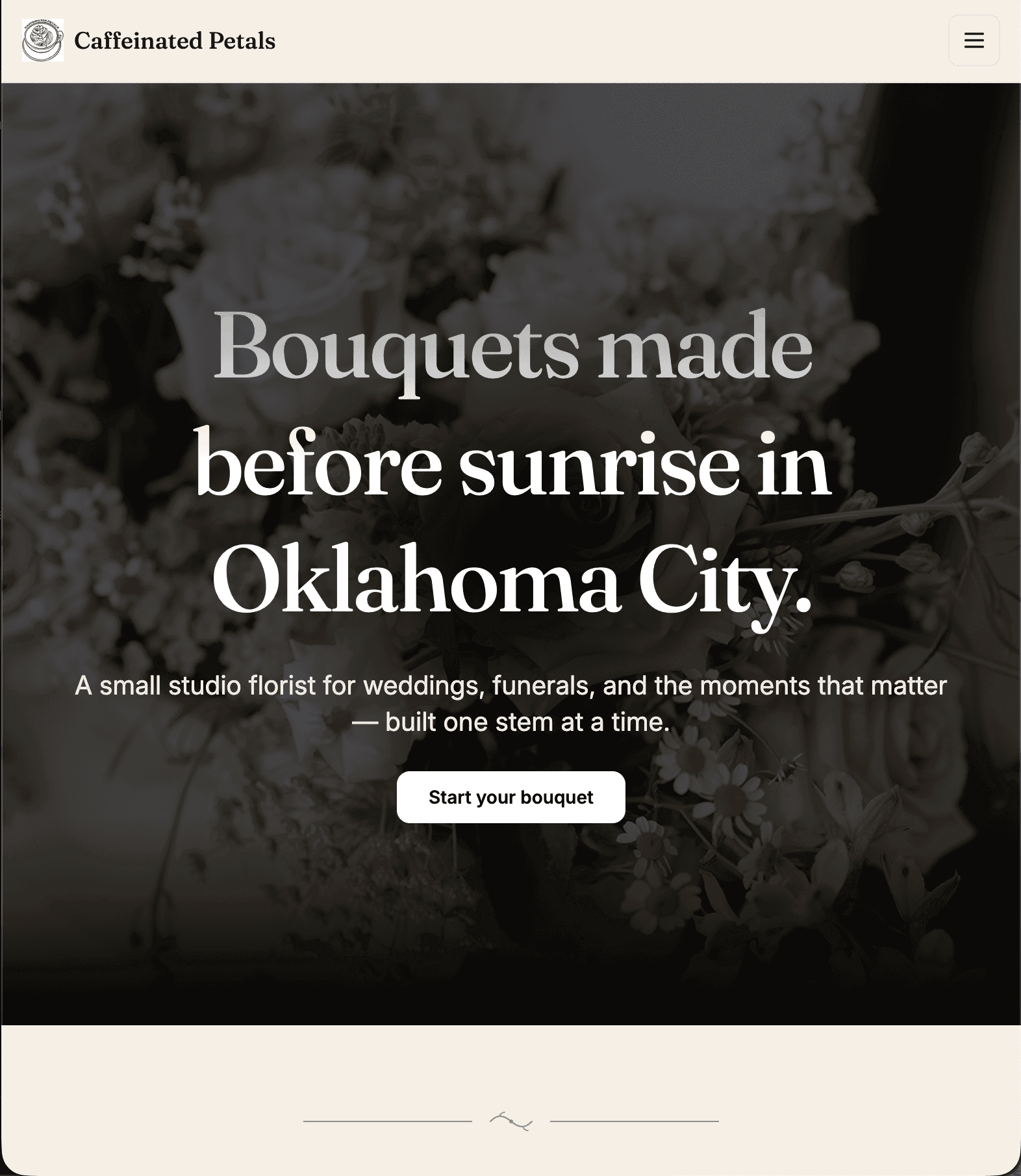 Caffeinated Petals — marketing site screenshot